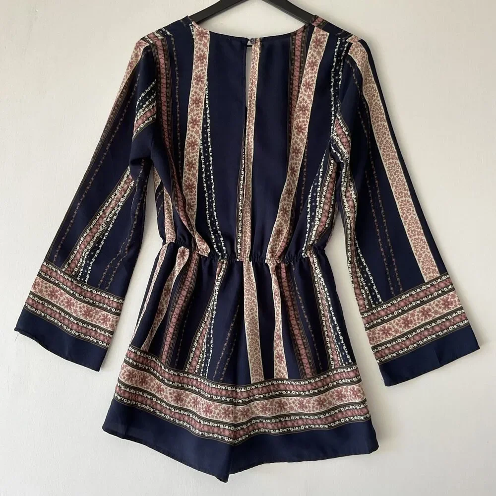 Charlotte Russe Women's Medium Navy Pink Multicolor Romper Shorts Whimsical Boho